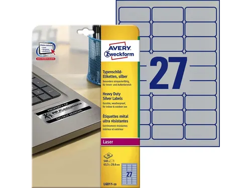 Inventaris etiketten Avery L6011-20 63.5x29.6mm Zilver 540 stuks