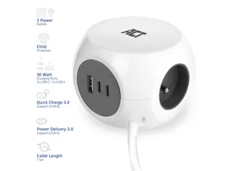 Stekkerblok ACT 3 voudig inclusief 2x USB C/A 1.5 meter wit/grijs FR/B - 2