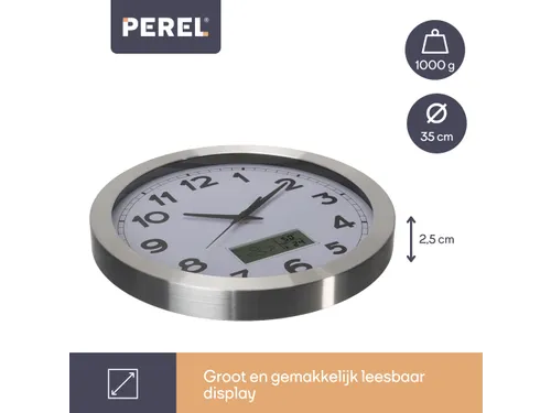 Aluminium Wandklok Lcd-display Thermometer Hygrometer & Weer 35.5cm