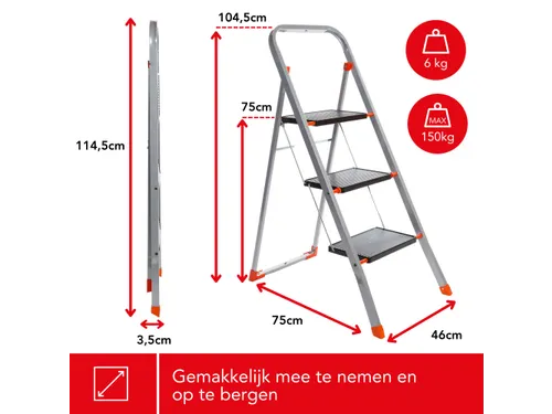 Huishoudtrap met hoge beugel 3 treden antislip inklapbaar tot 150 kg