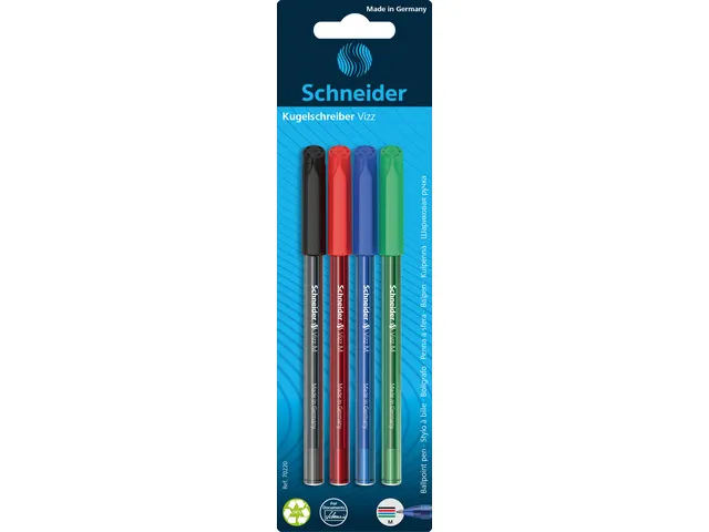 Balpen Schneider Vizz M blister a 4st. (zwart,rood, blauw,groen)