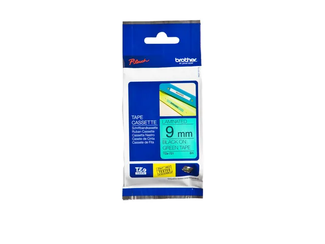 Labeltape Brother P-touch TZe-721 standaard 9mm zwart op groen