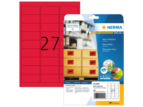 HERMA 5045 Gekleurde etiketten A4 63,5x29,6mm Neon Rood 540 stuks