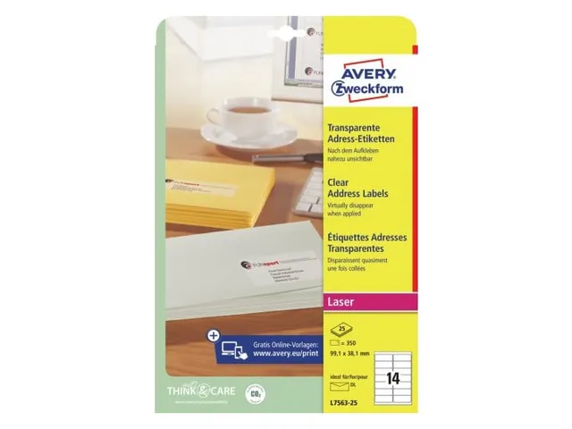 Etiket Avery Zweckform 99.1x38.1mm Transparant mat 350 Stuks