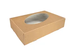 Cateringdoos van kraftkarton met PET-venster 360x250x80mm bruin/wit