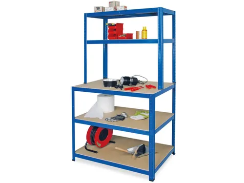 montagetafel,HxBxD 900x900x600mm,blad hout,4voeten RAL5010,4legborden