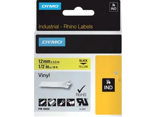 Labeltape Dymo Rhino 18432 12mmx5.5m Vinyl Zwart Op Geel - 1