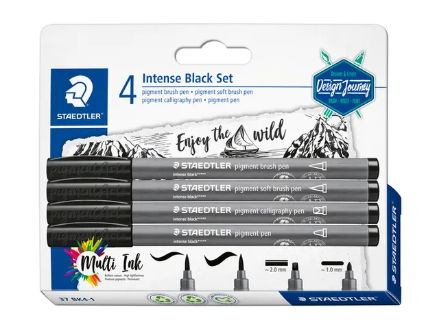 Brushpen Staedtler PigmentArts Intens zwart set à 4 schrijfbreedtes