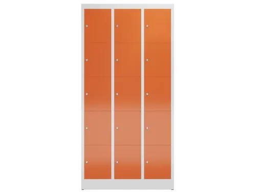 Lockerkast 1800x870x500mm 3x5 vakken cilinderslot, sokkel, RAL3000