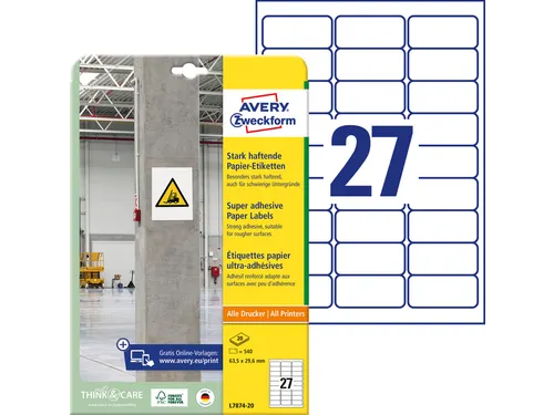 Avery Zweckform L7874 Sterk klevende etiketten A4 63,5x29,6mm 540 stuk