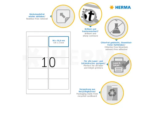 HERMA 10307 Verwijderbare Adresetiket A4 96x50,8mm Wit 1000 stuks