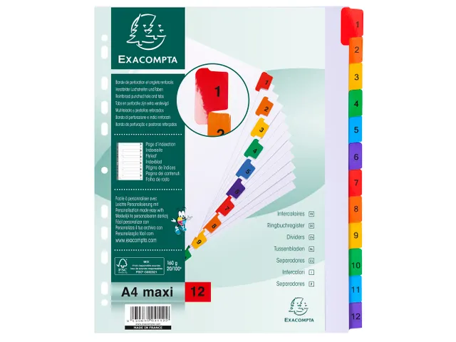 Tabblad Karton 160 Gram A4 + index 12 tabs wit
