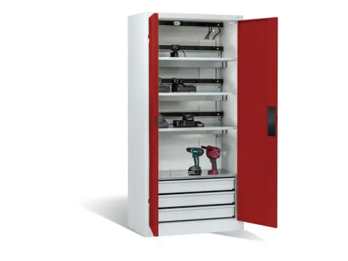 acculaadkast 1950x930x500mm 15stekkerdozen 230V ventilator fr. RAL3002