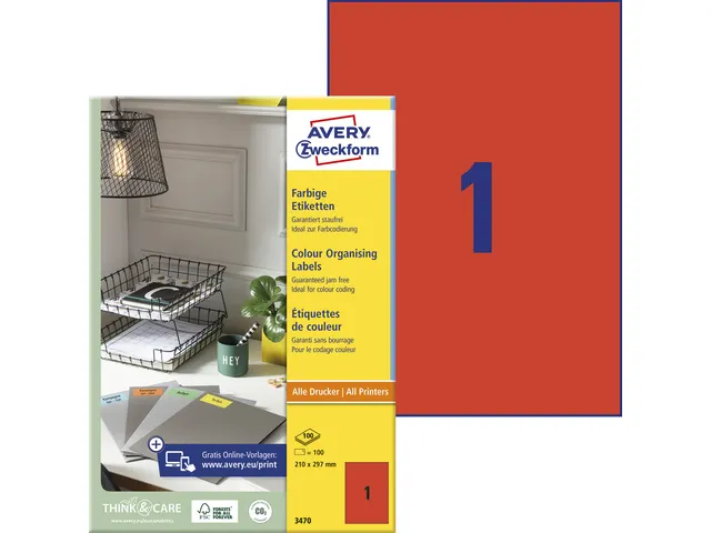etiket Avery ILK 210x297mm 100 vel 1 etiket per vel rood