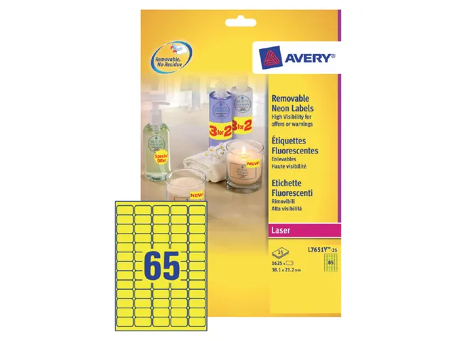 Etiket Avery L7651 Y-100 38.1x21.2mm Neon Geel 6500 Stuks