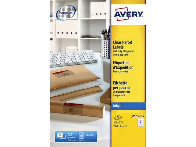 Adresetiket Avery J8565-25 99,1x67,7mm Transparant Inkjet 200 stuks