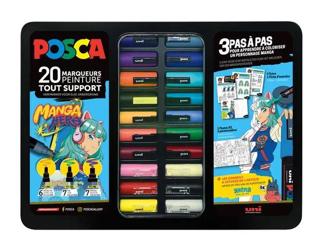Paintmarker Uni POSCA Manga Hero assorti koffer 20 stuks