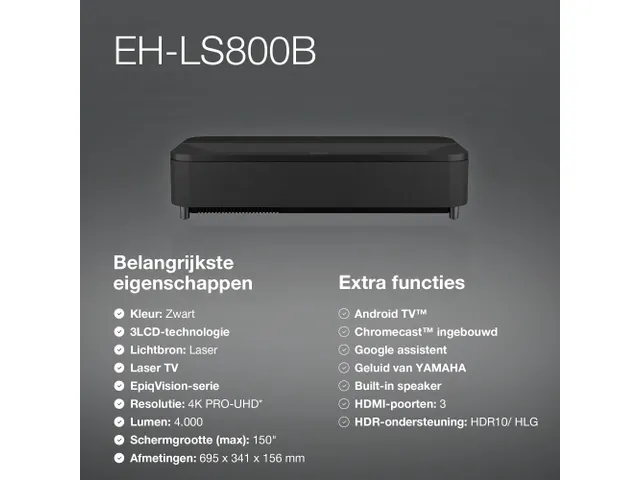 EH-LS800B 4K PRO-UHD smart laserprojector, 4000 lumen, scherm van maxi