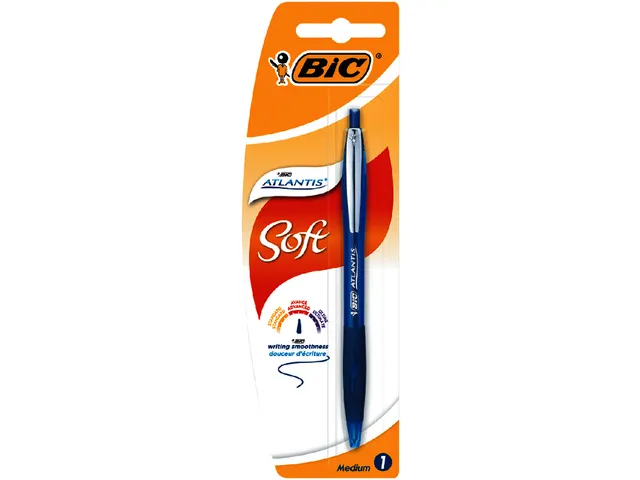 Balpen Bic Atlantis soft metalen clip clic medium blauw bister à 1st