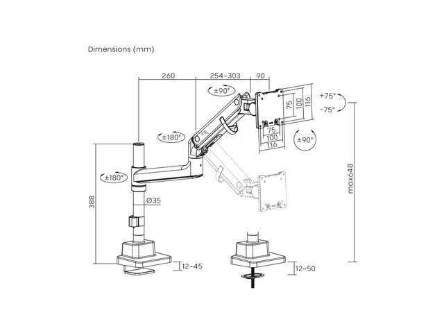 Support 1 écran Digitus 57 inch noir