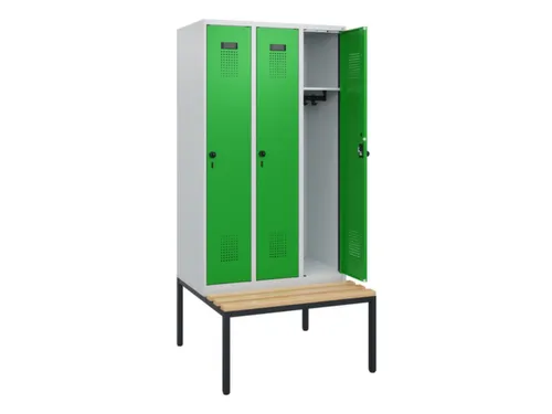 locker met bank,HxBxD 1950x900x815mm,3vak,vak B 300mm,draaigrendel