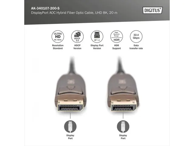DisplayPort AOC hybride glasvezelkabel M/M 20m UHD 8K@60Hz DP 1.4