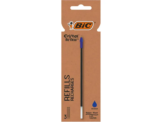 Cristal Re-New recharge stylo bille, medium, 3 p, bleu