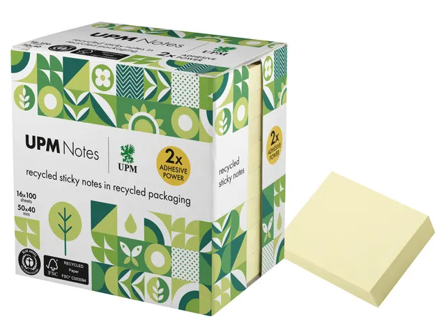 Sticky notes UPM recycled 50x40mm geel blok 100 vel, doos 16x blok