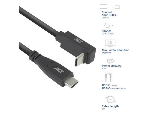 Kabel ACT USB-C standaard naar USB-C hoek boven/beneden 10Gbps 2m
