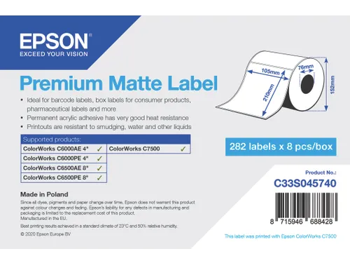 Premium Matte Label - Die-Cut Roll: 105mm x 210mm, 282 labels