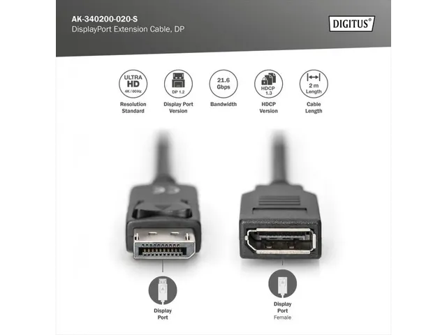 DisplayPort-verlengkabel type DP mannelijk/vrouwelijk 2m Zwart
