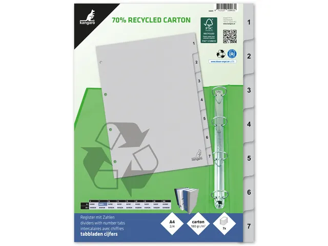 Tabblad ECO Kangaro A4 cijfers 180 grams grijs karton 4-gaats 7delig