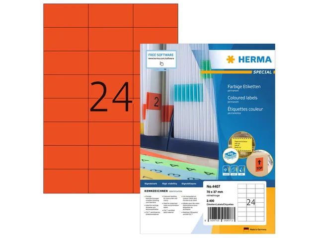 HERMA 4407 Gekleurde etiketten A4 70x37mm Rood 2400 stuks
