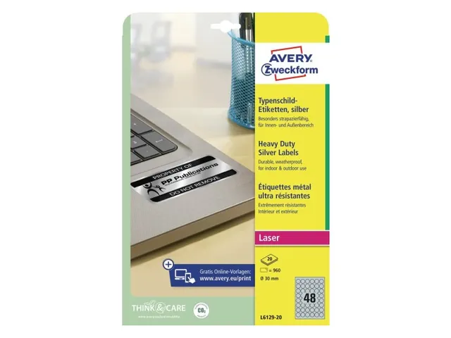 Etiket Avery L6129-20 rond 30mm zilver 960stuks