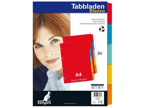 Tabbladen Kangaro A4 4-gaats PE405 5-delig assorti karton