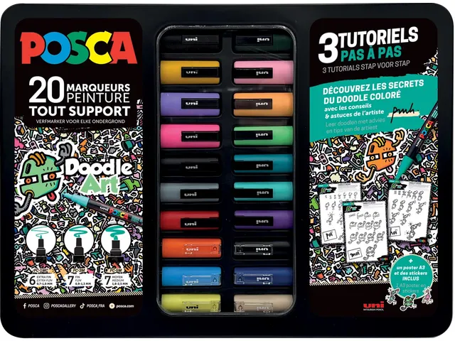 Uni Posca paintmarker Doodle Art metalen koffer 20 stuks