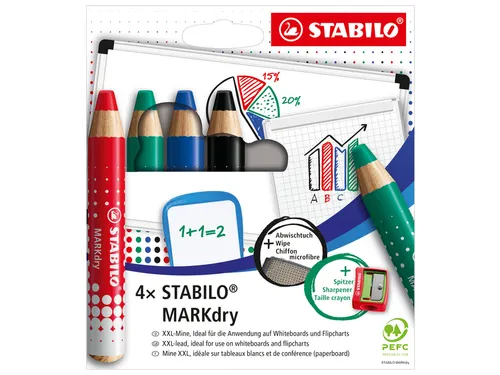 Whiteboardpotlood STABILO MARKdry 648/4 incl. slijper + microvezeldoek