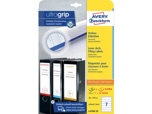 Avery L4760-25 Rugetiket smal 192x38mm zelfklevend wit 175 stuks