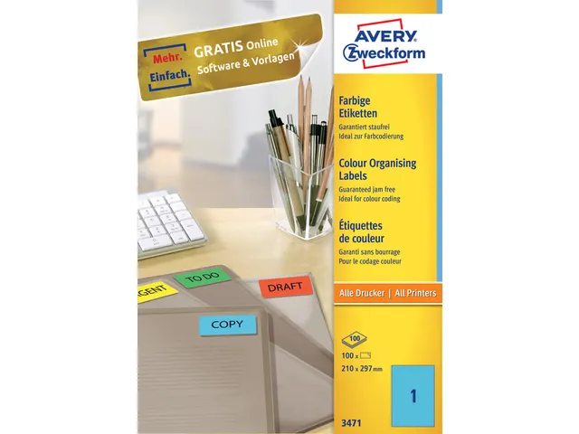 Gekleurde Etiketten Avery Zweckform 210x297mm A4 Blauw 100 stuks