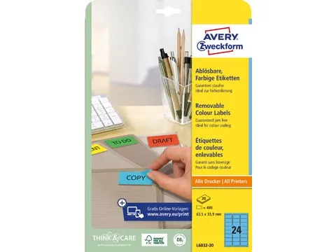 Avery Zweckform Gekleurde Afneembare Etiketten 63.5x33.9mm Blauw