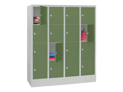 lockerkast,HxBxD 1518x1200x500mm,4x4vakken,RAL7035,front RAL6011