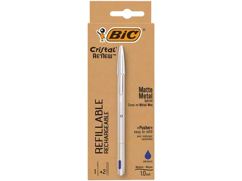 Balpen Bic Cristal Re-new medium zilver + 2 vullingen blauw