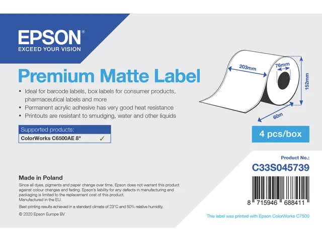 Premium Matte Label - Continuous Roll: 203mm x 60m