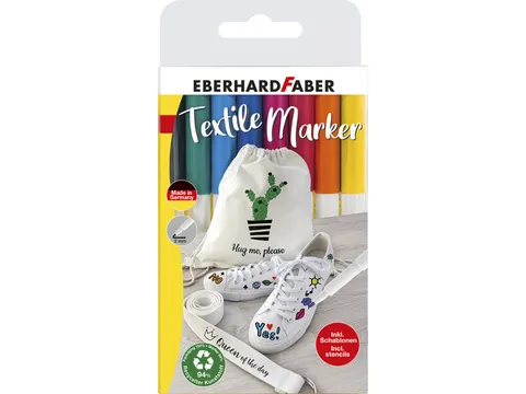 Textielmarker Eberhard Faber 8st. in etui incl. 4 stencils met sjablon