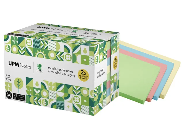 Sticky notes UPM recycled 125x75mm pastel assorti blok 100 vel, doos 8