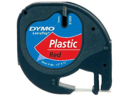 Labeltape Dymo Letratag 91203 plastic 12mm zwart op rood S0721630