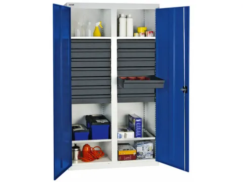 Materiaalkast 1800x1000x500mm 4legborden Uitschuifbaar 14laden Ral5010