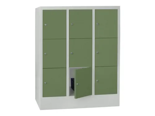 lockerkast,HxBxD 1187x900x500mm,3x3vakken,RAL7035,front RAL6011