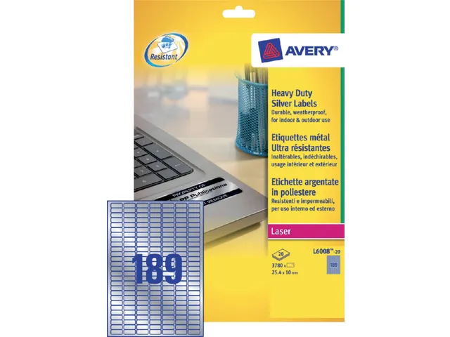 Inventaris etiketten Avery L6008-20 25.4x10mm Zilver 3780 stuks