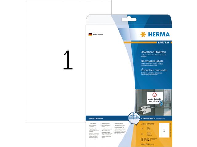 Etiket Herma 10021 Movables 210x297mm A4 Verwijderbaar Wit 25stuks | HermaLabels.be